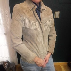 Taupe Suede Snap Button Fringe Western Blouse